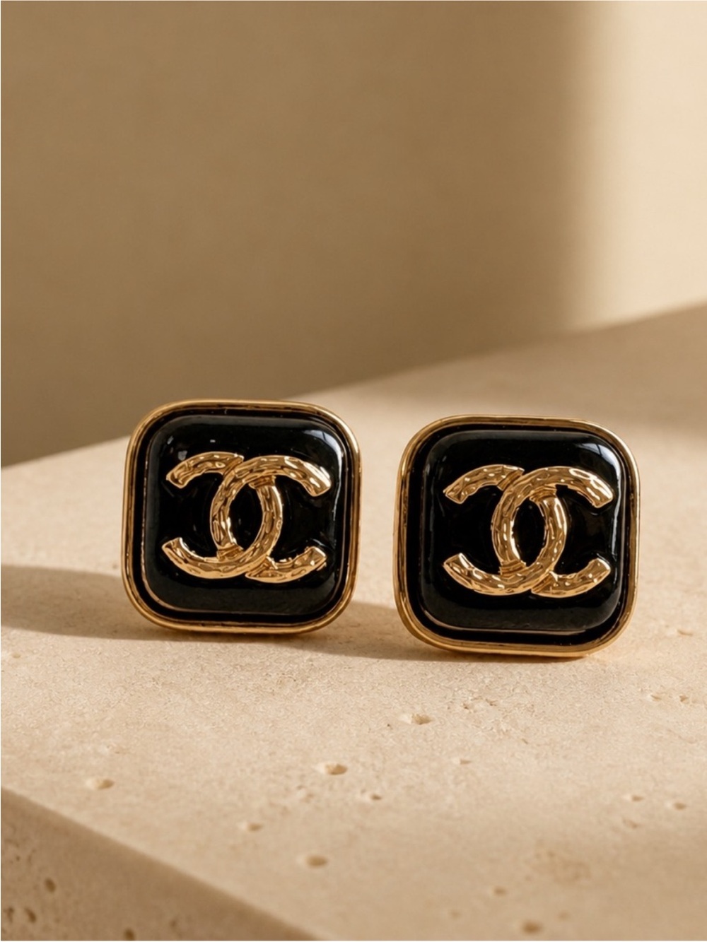 CHANEL Black and Gold CC Square Earrings